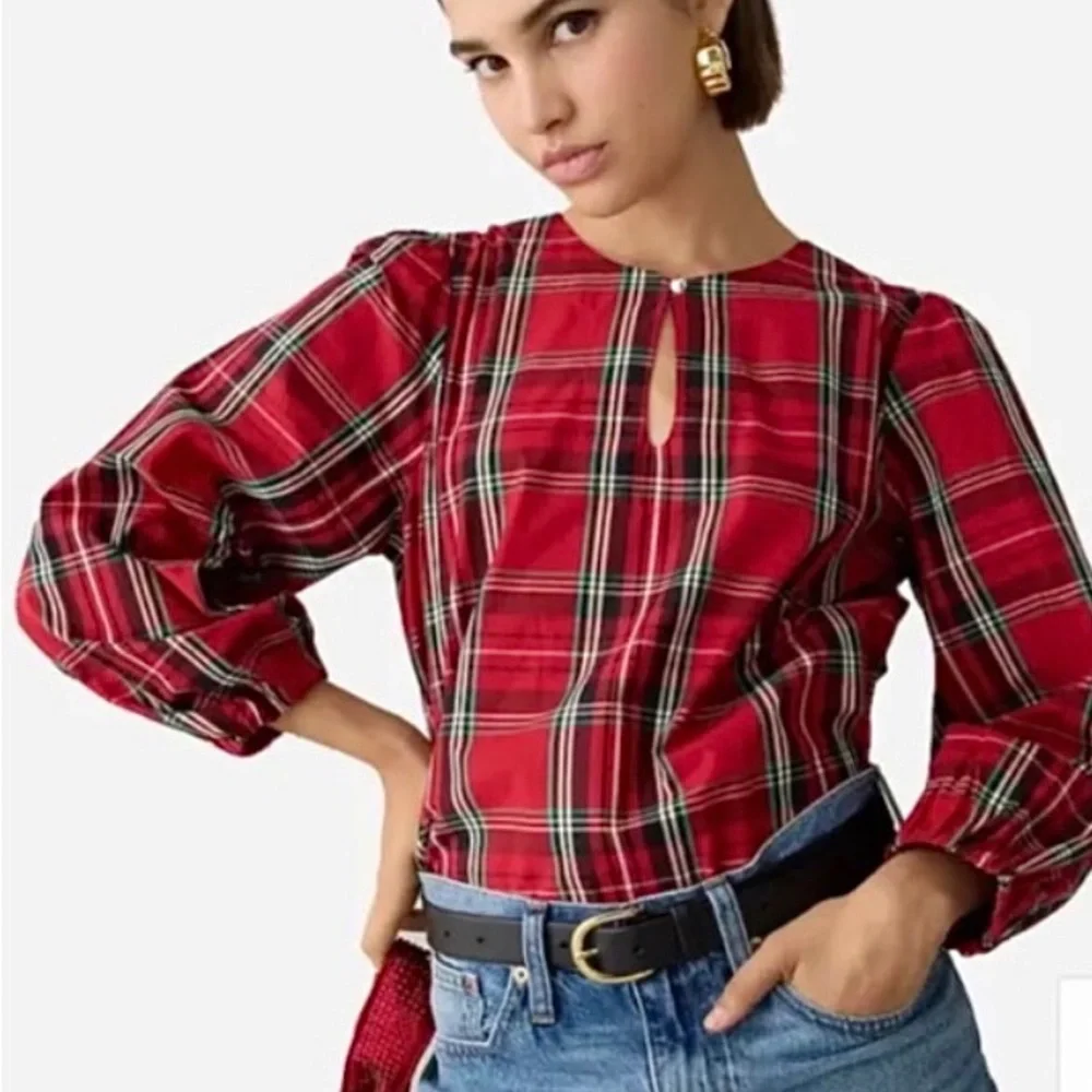 J Crew Tartan Plaid Puff-Sleeve Poplin Top Blouse Size S